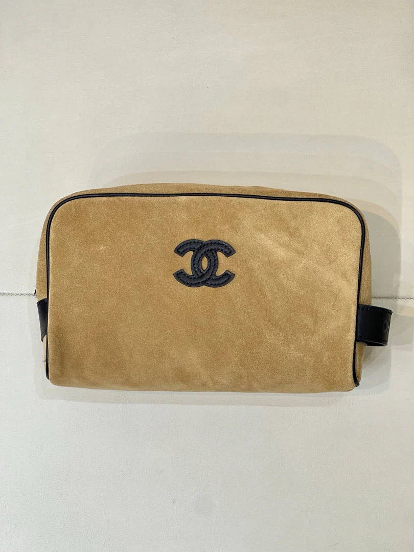Chanel Small Zipped Pouch Canvas Calfskin & Silver-Tone Metal  AP5226 Dark Beige - Default Title - View 1