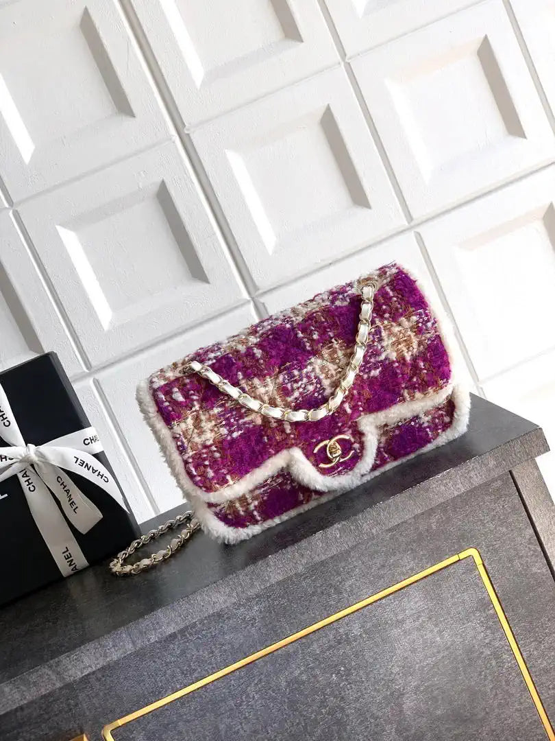 Chanel Large Flap Tweed Shearling Lambskin & Gold-Tone Metal AS5686  Fuschia Pink