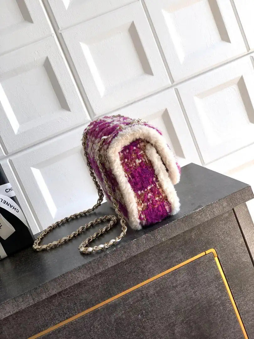 Chanel Large Flap Tweed Shearling Lambskin & Gold-Tone Metal AS5686  Fuschia Pink