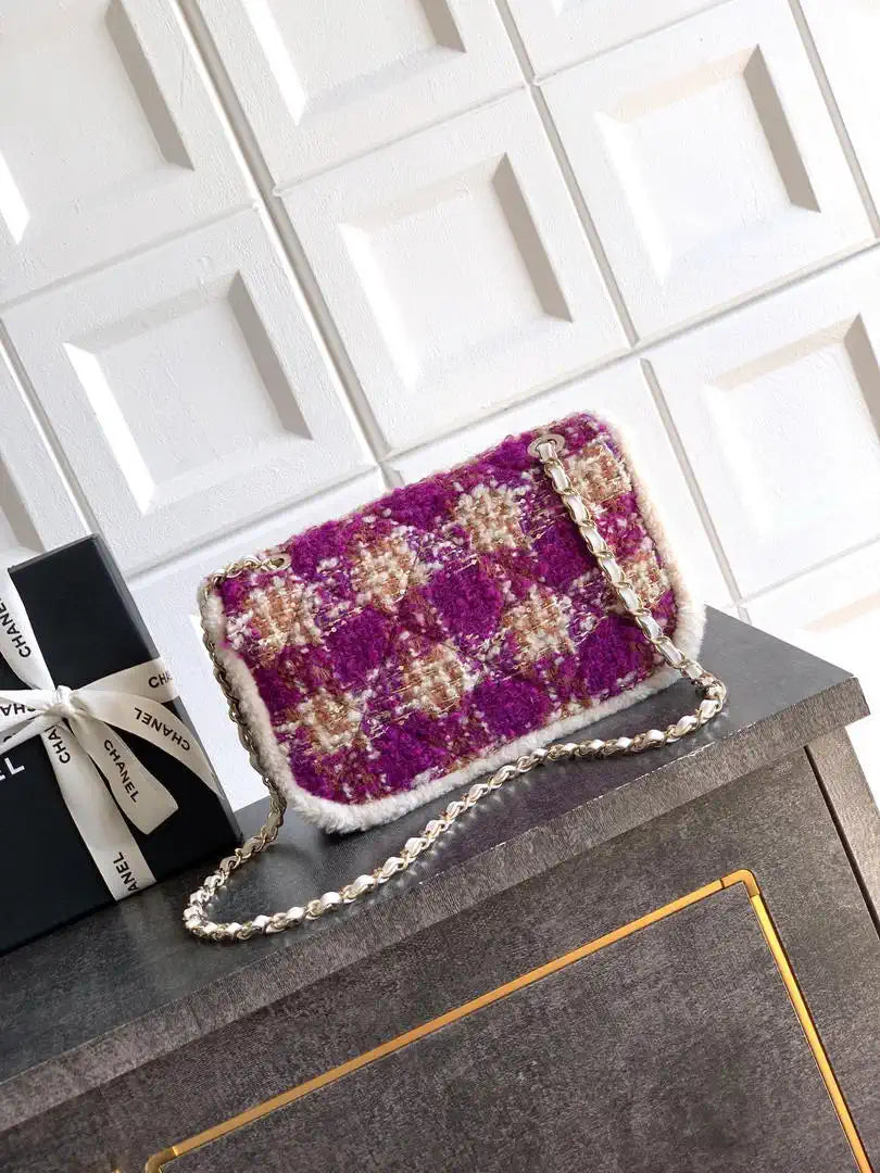 Chanel Large Flap Tweed Shearling Lambskin & Gold-Tone Metal AS5686  Fuschia Pink