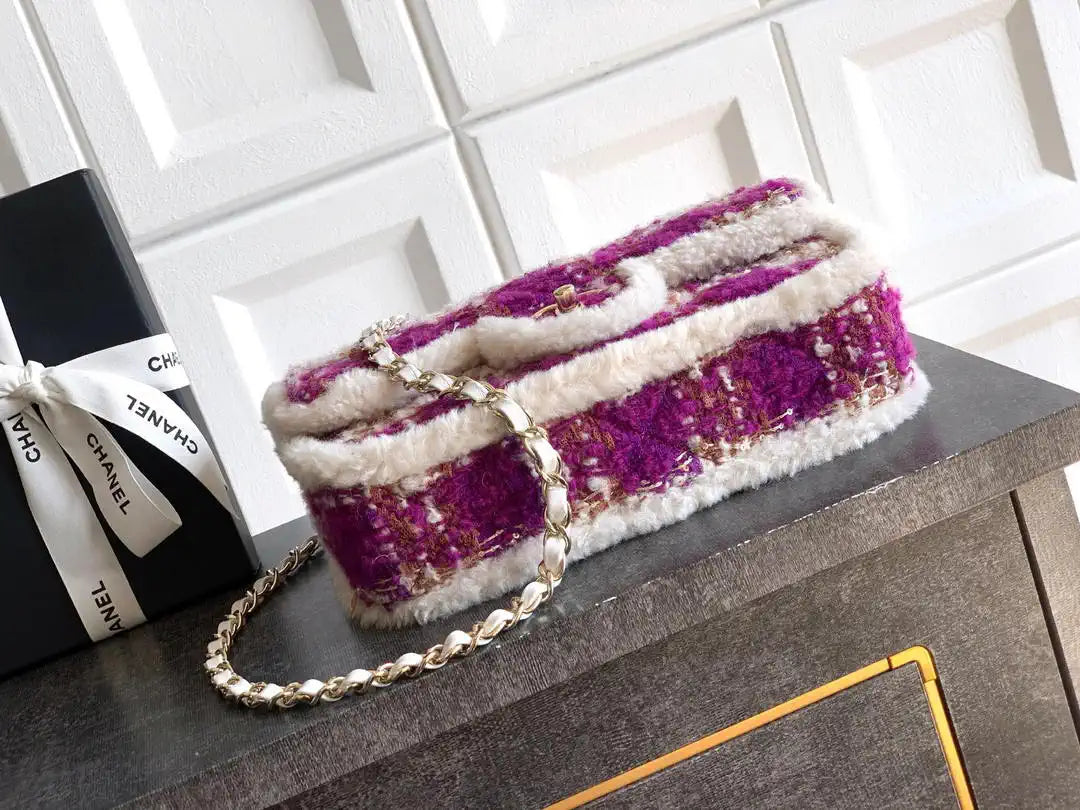 Chanel Large Flap Tweed Shearling Lambskin & Gold-Tone Metal AS5686  Fuschia Pink