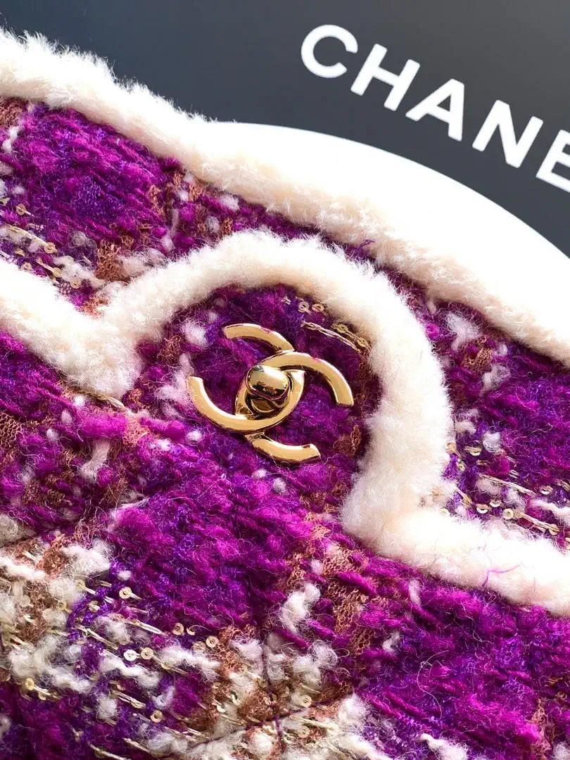 Chanel Large Flap Tweed Shearling Lambskin & Gold-Tone Metal AS5686  Fuschia Pink