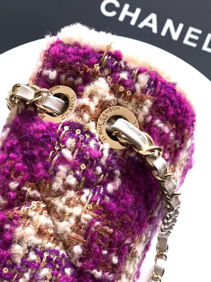 Chanel Large Flap Tweed Shearling Lambskin & Gold-Tone Metal AS5686  Fuschia Pink