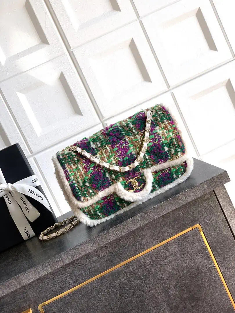 Chanel Large Flap Tweed Shearling Lambskin & Gold-Tone Metal AS5686 Green Purple
