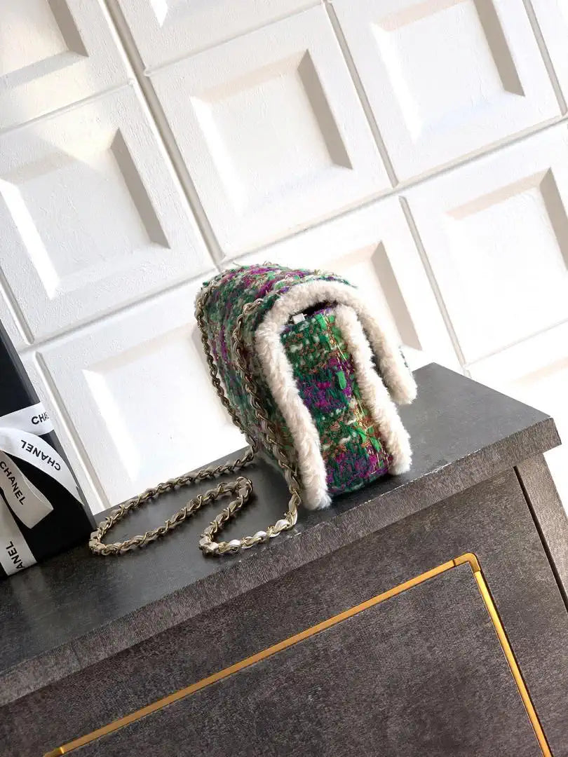 Chanel Large Flap Tweed Shearling Lambskin & Gold-Tone Metal AS5686 Green Purple