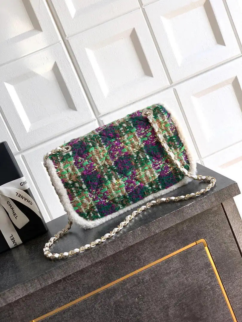 Chanel Large Flap Tweed Shearling Lambskin & Gold-Tone Metal AS5686 Green Purple