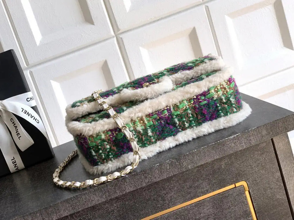 Chanel Large Flap Tweed Shearling Lambskin & Gold-Tone Metal AS5686 Green Purple
