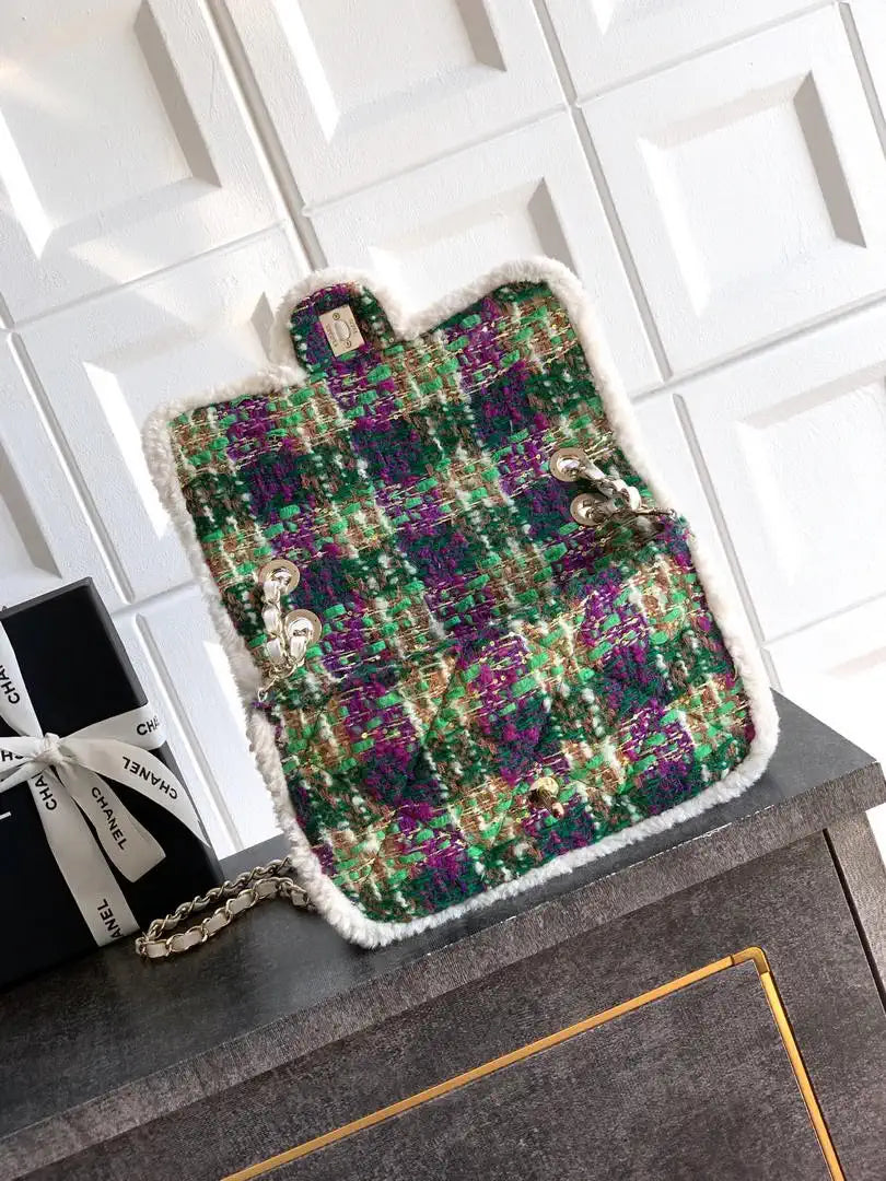 Chanel Large Flap Tweed Shearling Lambskin & Gold-Tone Metal AS5686 Green Purple