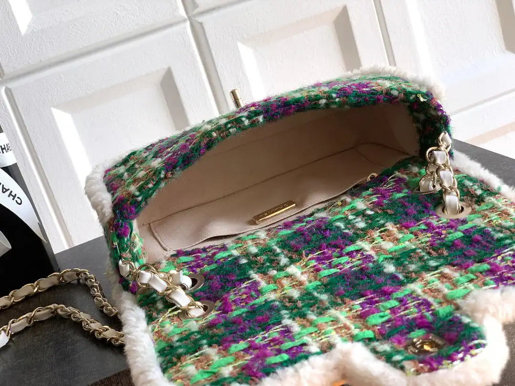 Chanel Large Flap Tweed Shearling Lambskin & Gold-Tone Metal AS5686 Green Purple