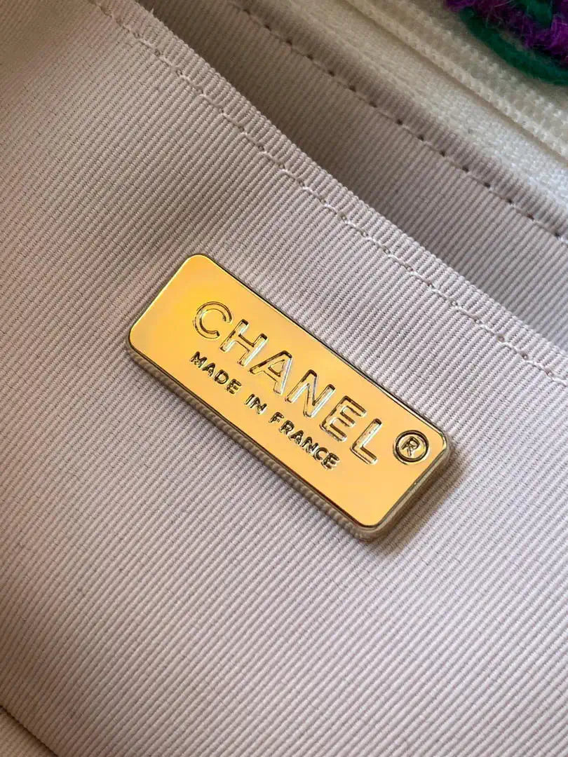 Chanel Large Flap Tweed Shearling Lambskin & Gold-Tone Metal AS5686 Green Purple
