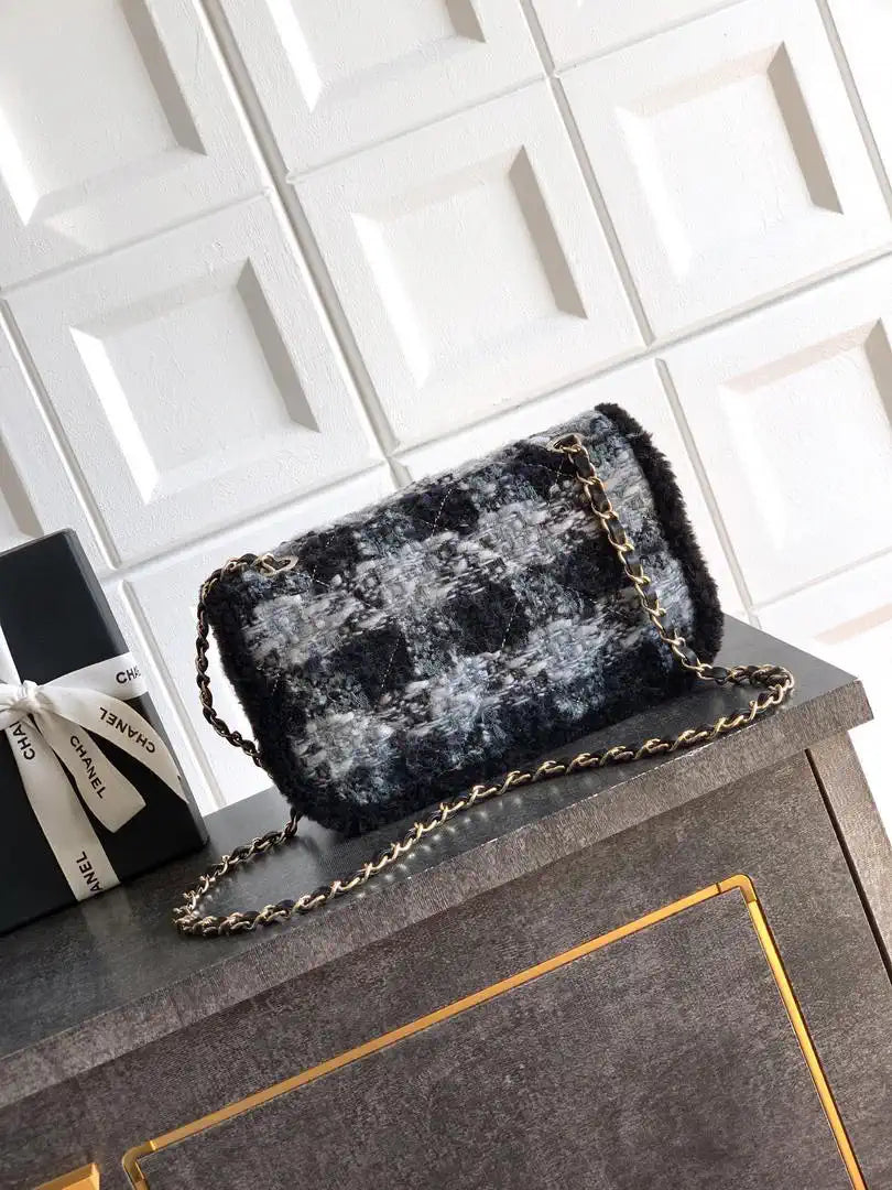 Chanel Large Flap Tweed Shearling Lambskin & Gold-Tone Metal AS5686  Black & Gray