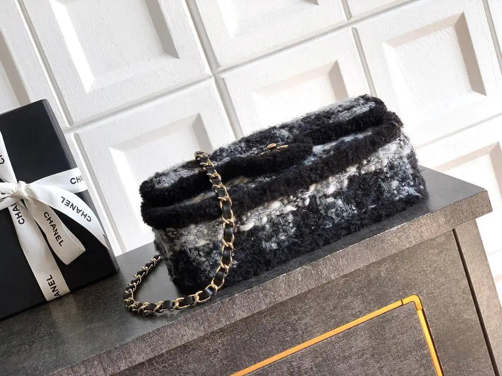Chanel Large Flap Tweed Shearling Lambskin & Gold-Tone Metal AS5686  Black & Gray