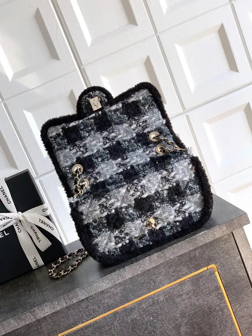 Chanel Large Flap Tweed Shearling Lambskin & Gold-Tone Metal AS5686  Black & Gray