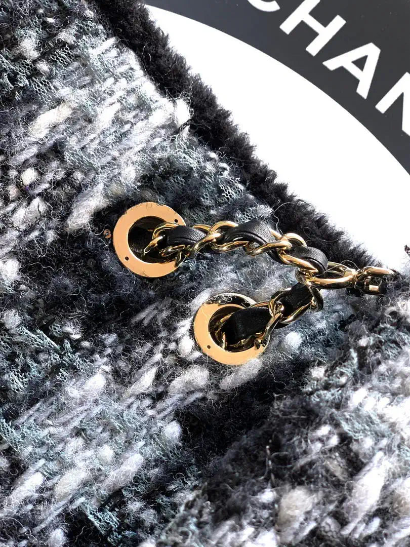 Chanel Large Flap Tweed Shearling Lambskin & Gold-Tone Metal AS5686  Black & Gray