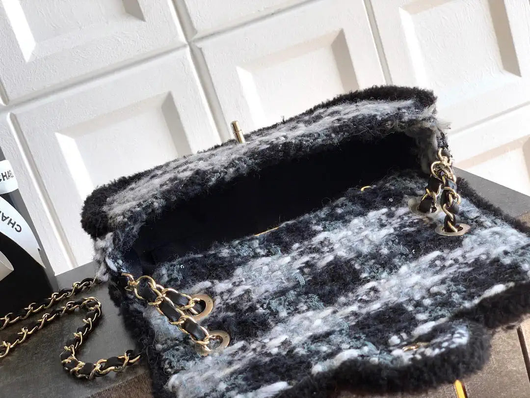 Chanel Large Flap Tweed Shearling Lambskin & Gold-Tone Metal AS5686  Black & Gray