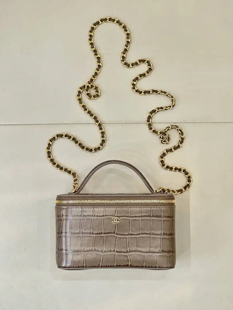 Chanel Vanity with chain  Crocodile Embossed Calfskin AP5387 Kahki