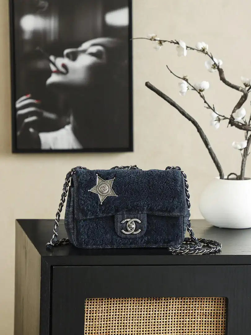 Chanel Vintage Large Mini Flap Dallas Exclusive Badge Shearling Navy Blue