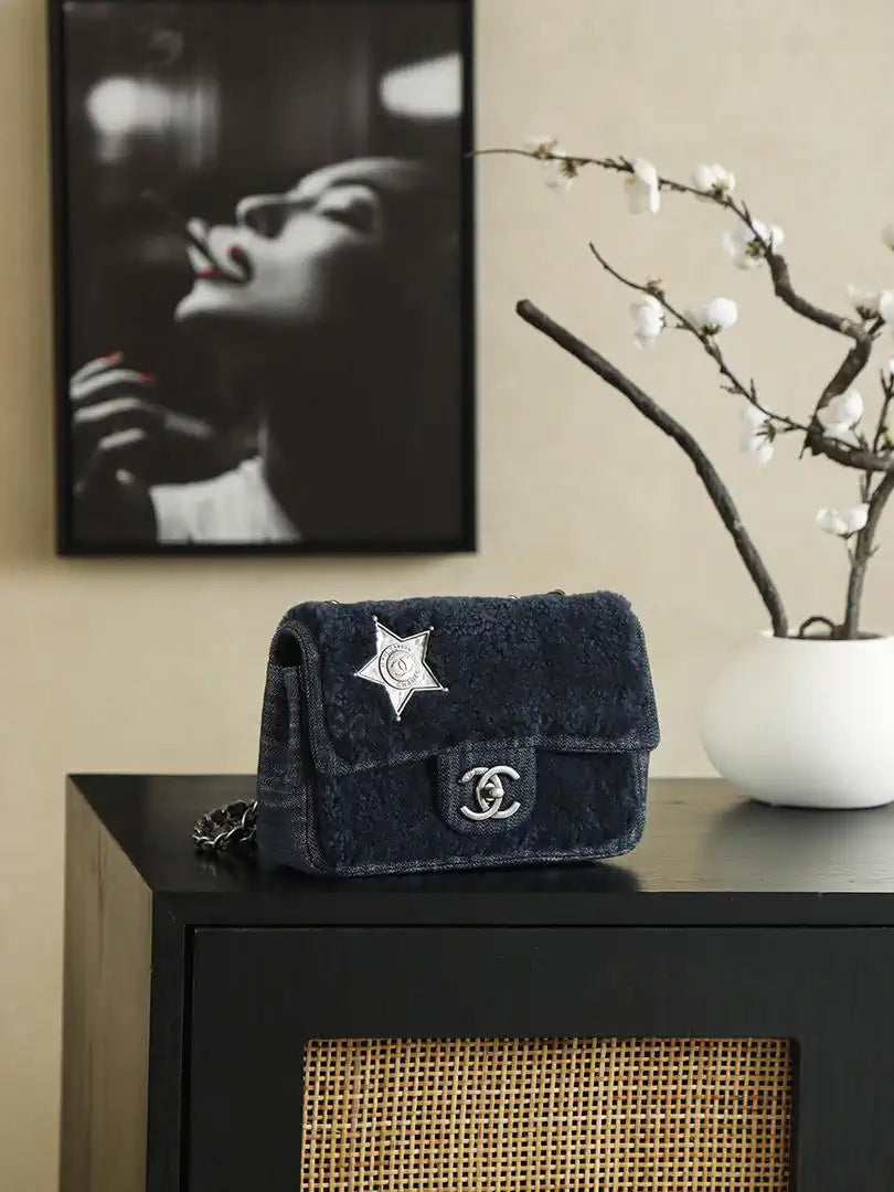 Chanel Vintage Large Mini Flap Dallas Exclusive Badge Shearling Navy Blue