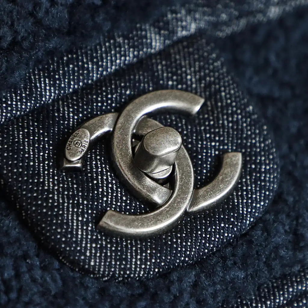 Chanel Vintage Large Mini Flap Dallas Exclusive Badge Shearling Navy Blue