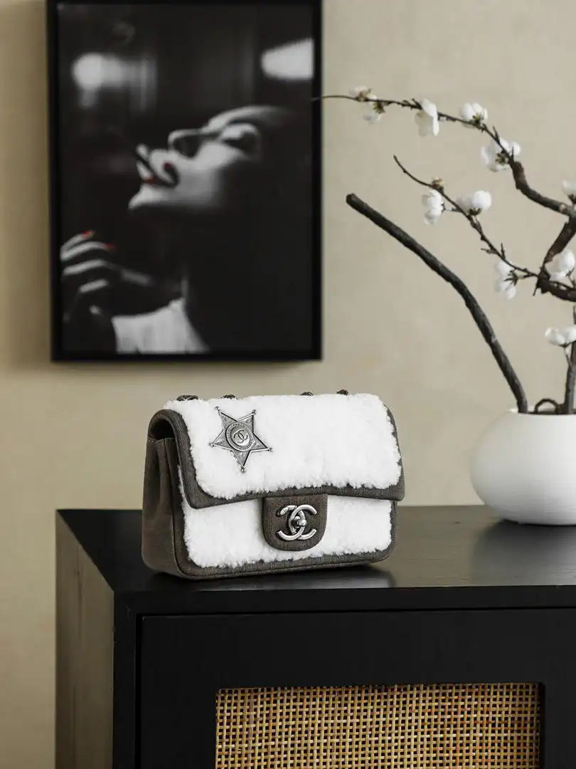 Chanel Vintage Large Mini Flap Dallas Exclusive Badge Shearling White