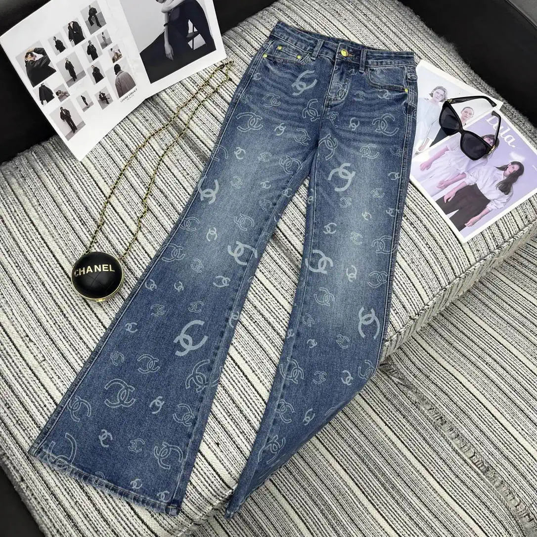 Chanel Women Double C logo print flared denim trousers Jeans C58813