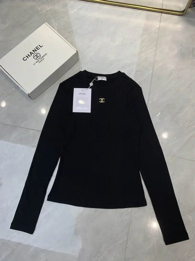 Chanel Women Double C Metallic Trim Top  Stretch Cotton Fabric CC69211