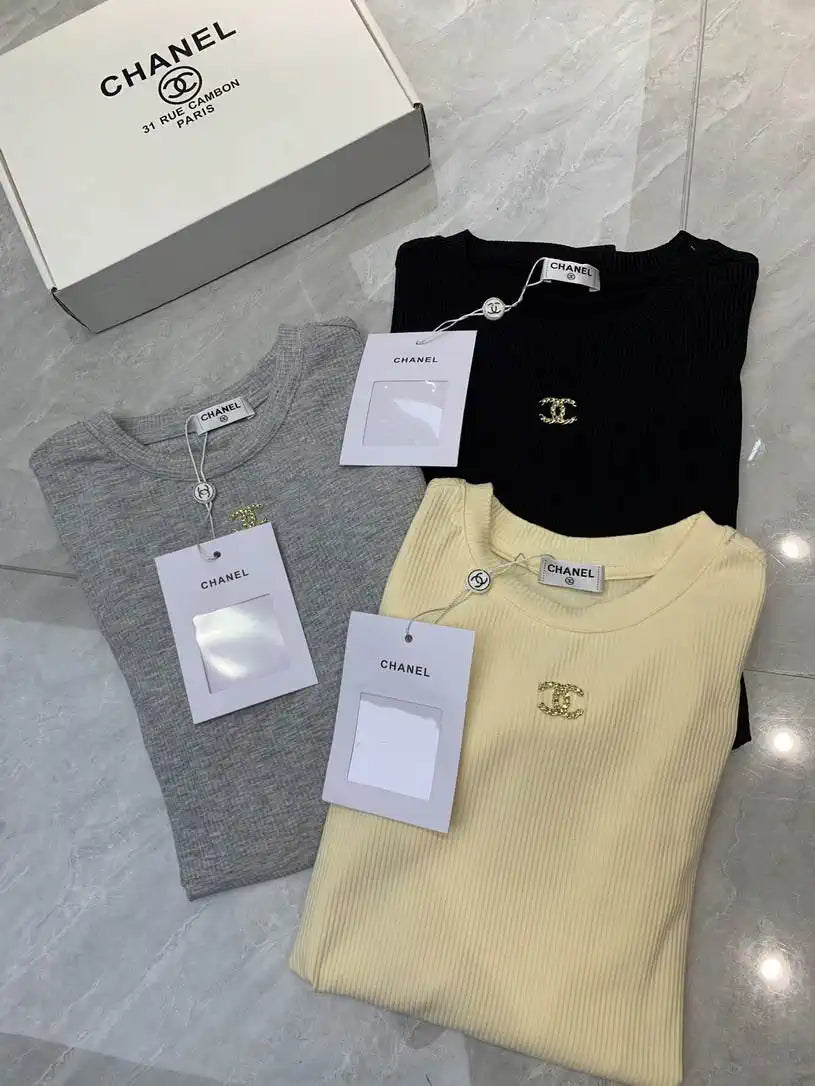 Chanel Women Double C Metallic Trim Top  Stretch Cotton Fabric CC69211