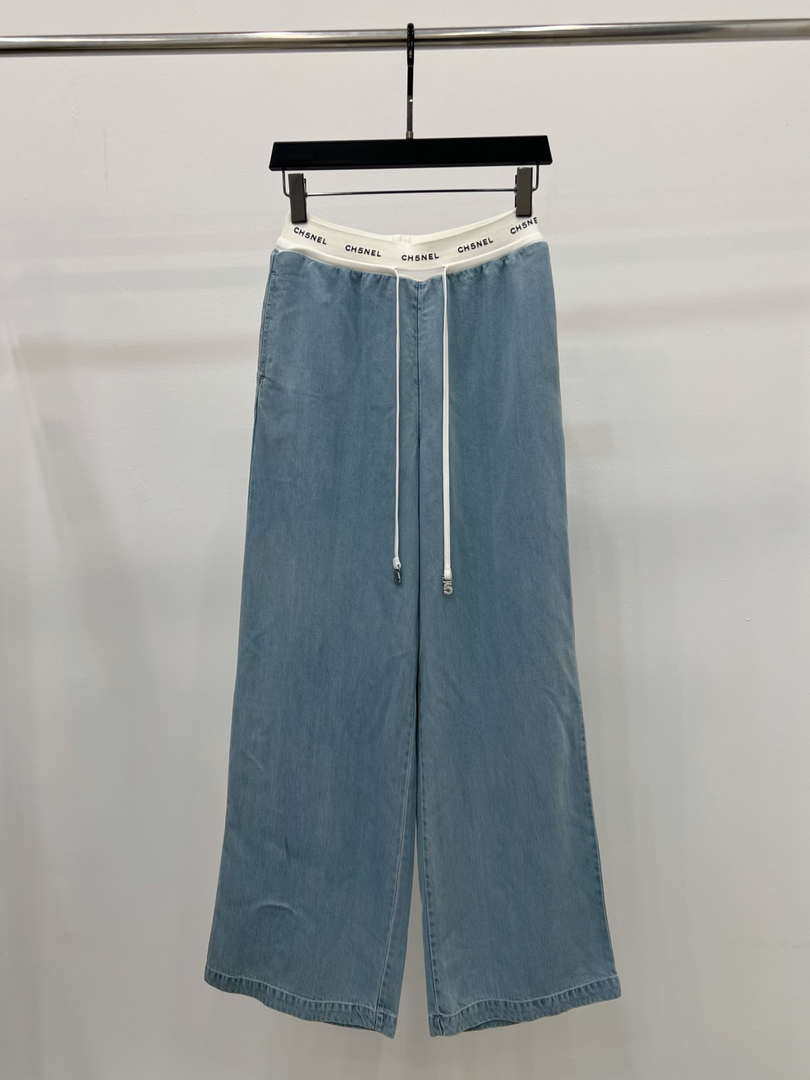 Chanel Women Fashion Contrast color drawstring Tencel denim wide-leg pants Jeans C58800