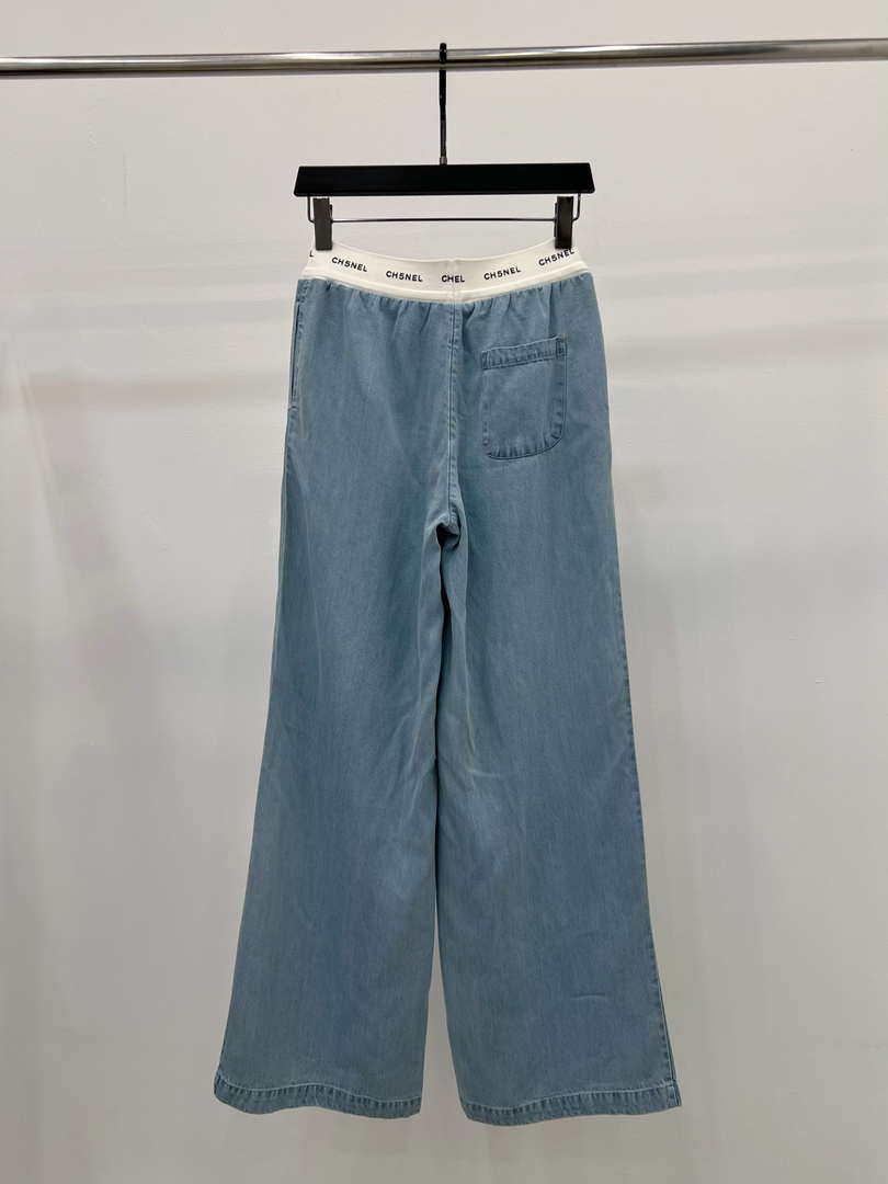 Chanel Women Fashion Contrast color drawstring Tencel denim wide-leg pants Jeans C58800