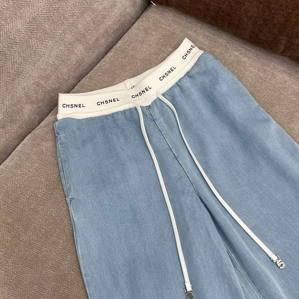 Chanel Women Fashion Contrast color drawstring Tencel denim wide-leg pants Jeans C58800