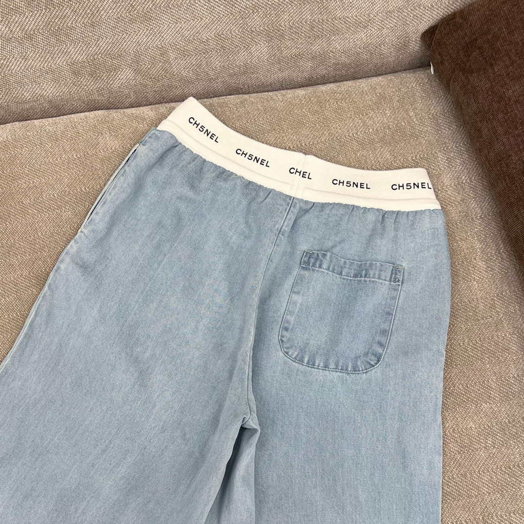 Chanel Women Fashion Contrast color drawstring Tencel denim wide-leg pants Jeans C58800