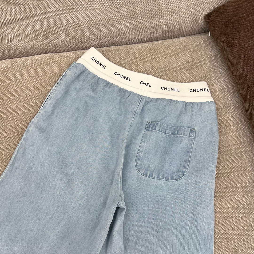 Chanel Women Fashion Contrast color drawstring Tencel denim wide-leg pants Jeans C58800