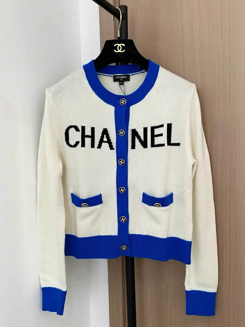 Chanel Women Lettering color-block wool cardigan Sweater CC69207