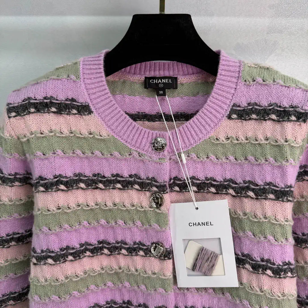 Chanel Women Round Striped knitted long-sleeved cardigan  Sweater CC69206