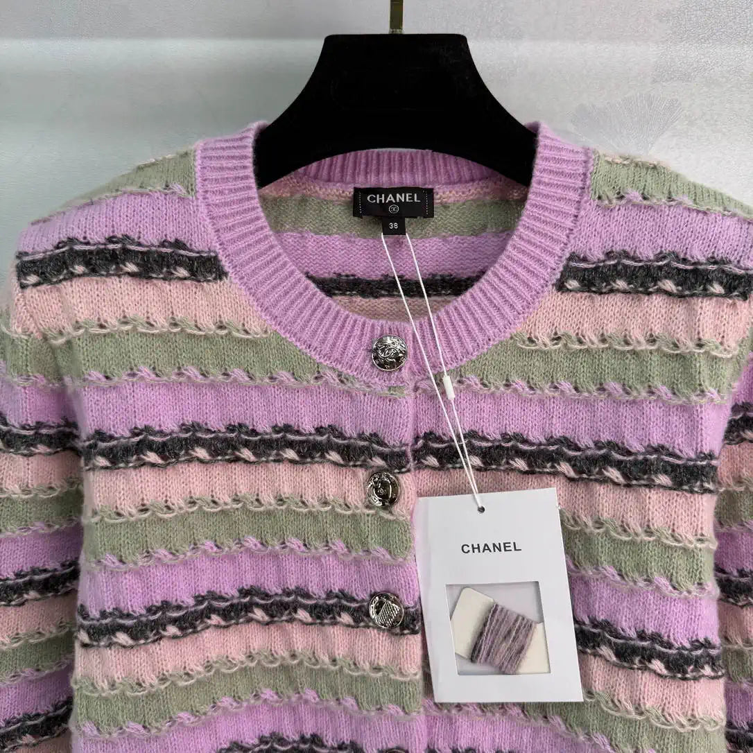 Chanel Women Round Striped knitted long-sleeved cardigan  Sweater CC69206