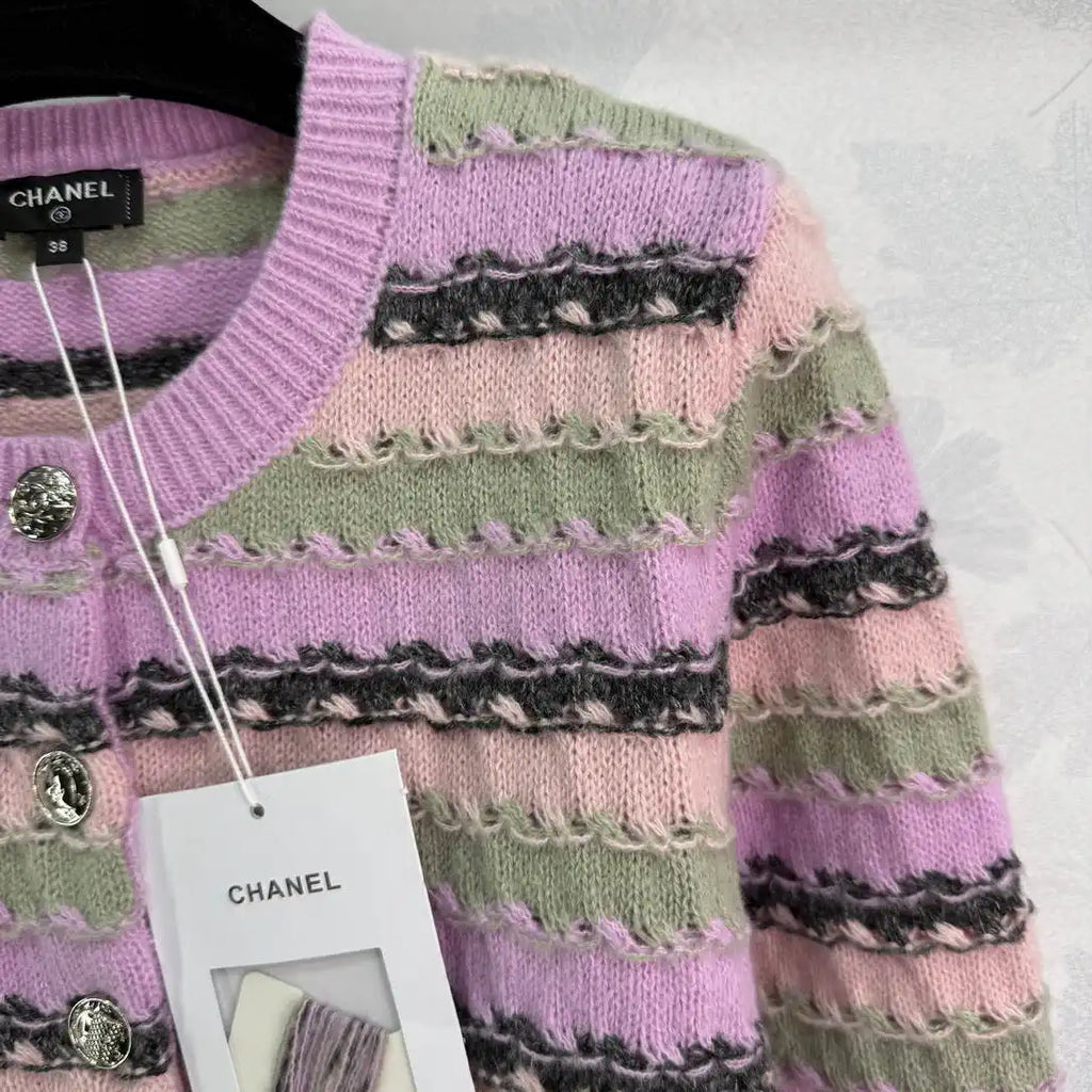 Chanel Women Round Striped knitted long-sleeved cardigan  Sweater CC69206