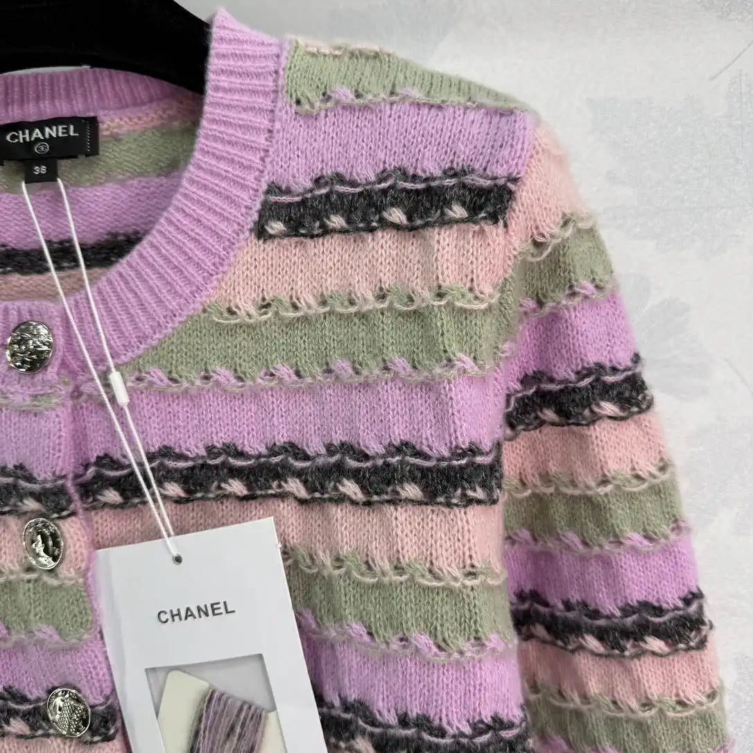 Chanel Women Round Striped knitted long-sleeved cardigan  Sweater CC69206