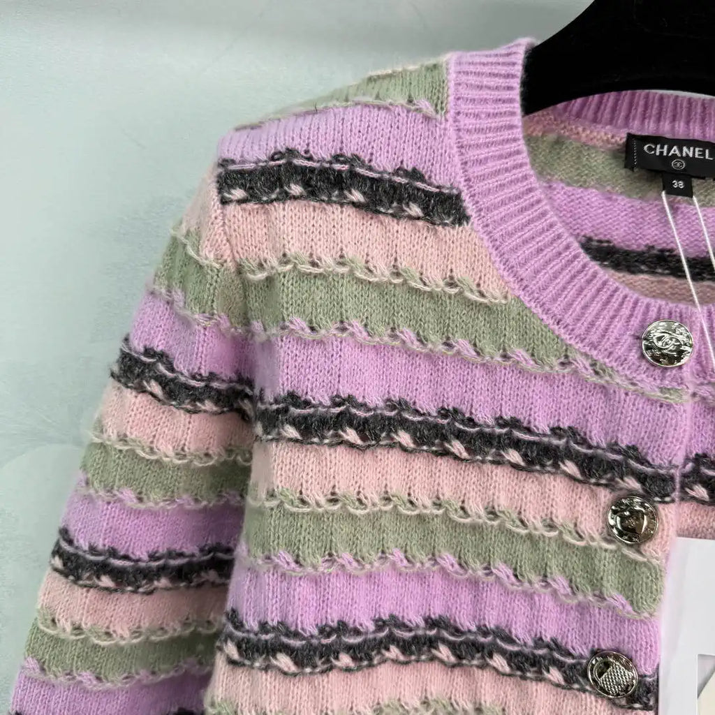 Chanel Women Round Striped knitted long-sleeved cardigan  Sweater CC69206