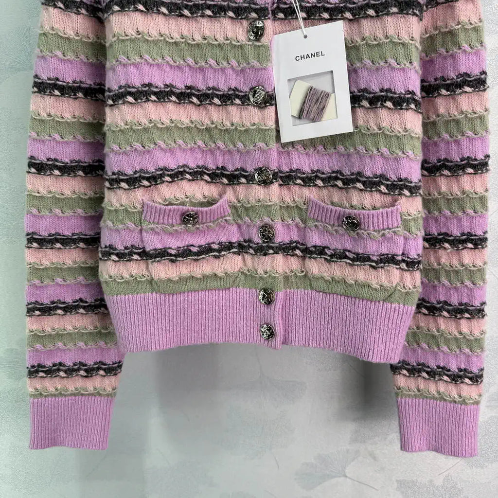 Chanel Women Round Striped knitted long-sleeved cardigan  Sweater CC69206