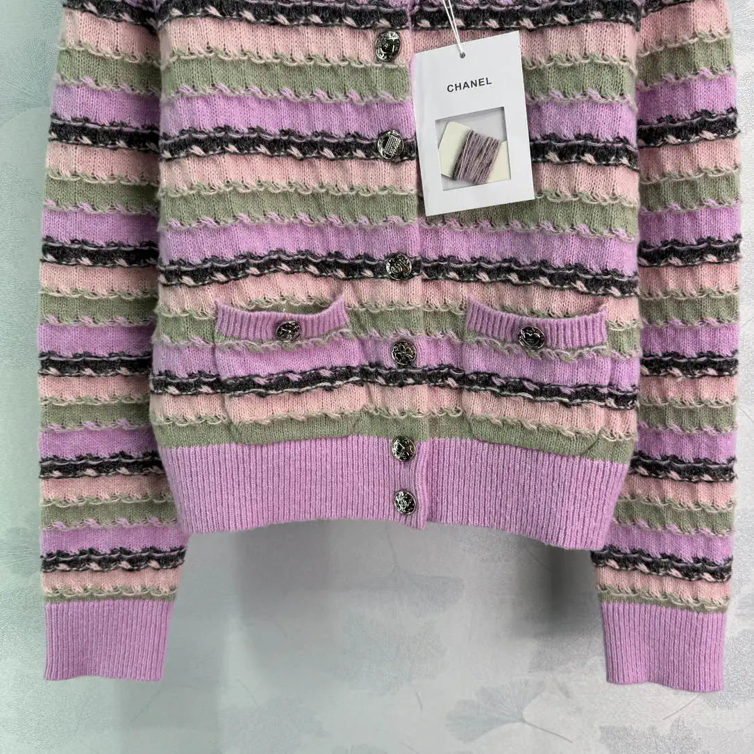 Chanel Women Round Striped knitted long-sleeved cardigan  Sweater CC69206