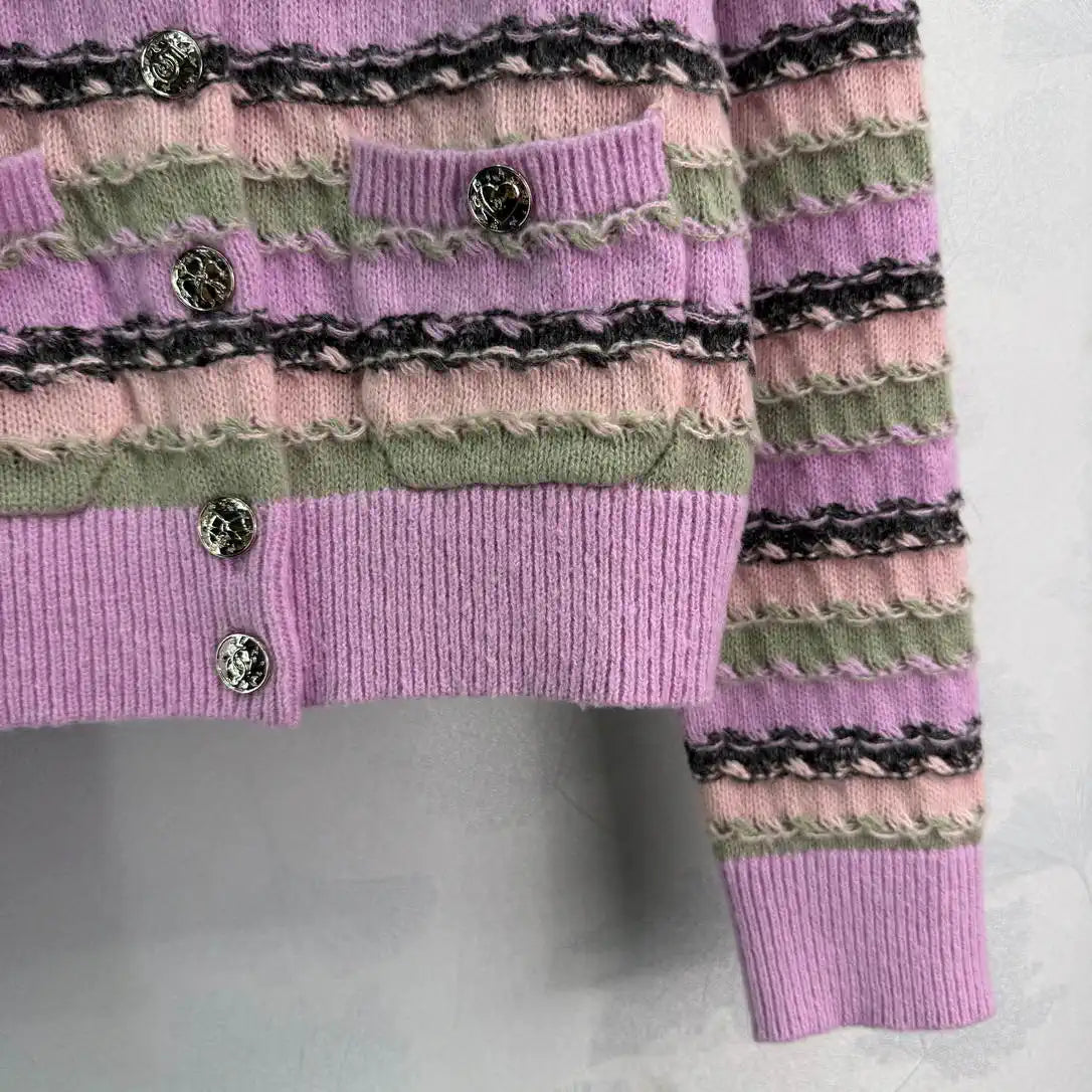 Chanel Women Round Striped knitted long-sleeved cardigan  Sweater CC69206