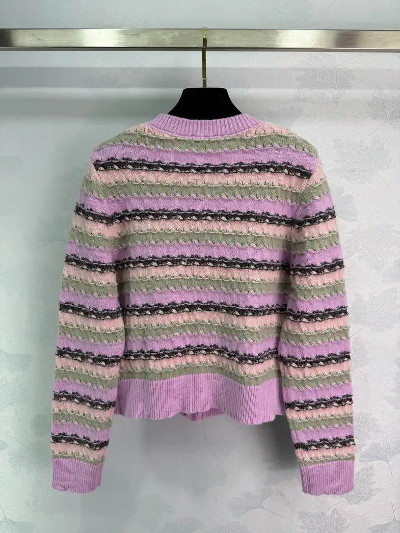 Chanel Women Round Striped knitted long-sleeved cardigan  Sweater CC69206
