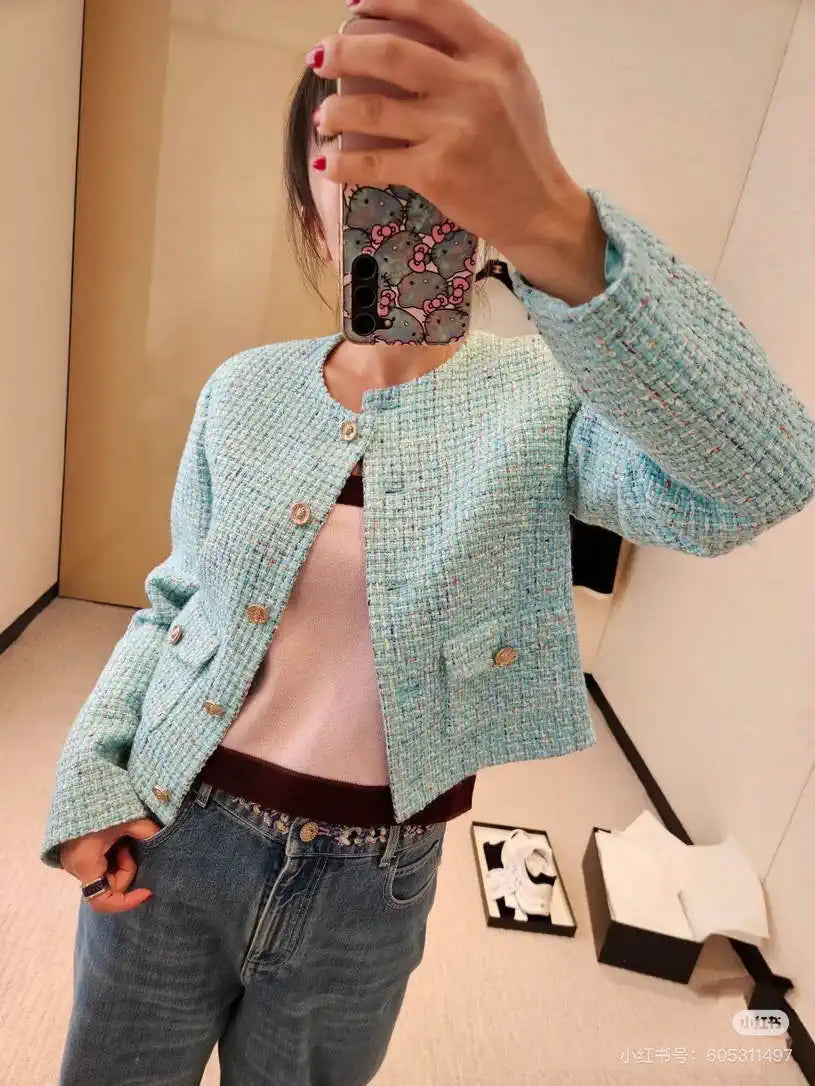 Chanel Women Sequined tweed crew neck jacket C62317