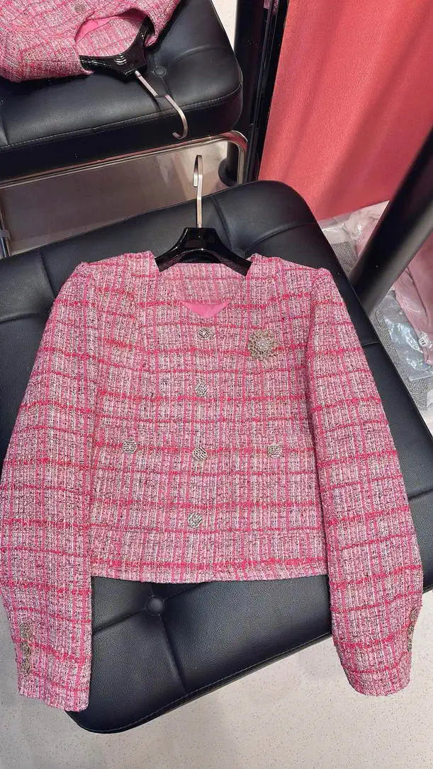 Chanel Women Tweed Rose and pink plaid  jacket C62327