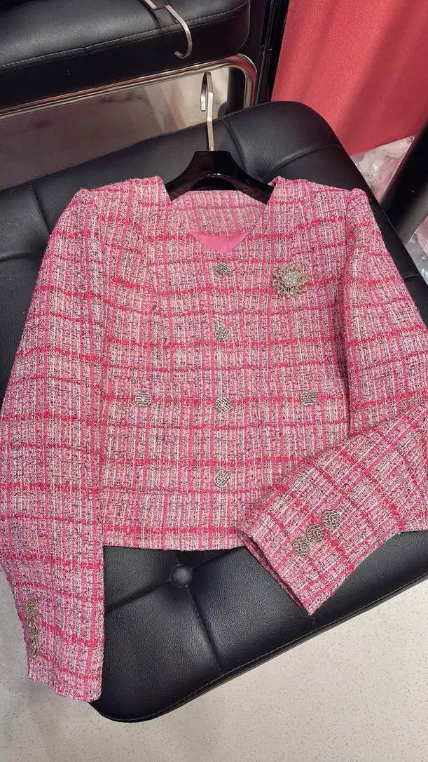 Chanel Women Tweed Rose and pink plaid  jacket C62327
