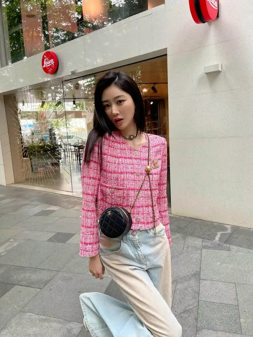 Chanel Women Tweed Rose and pink plaid  jacket C62327