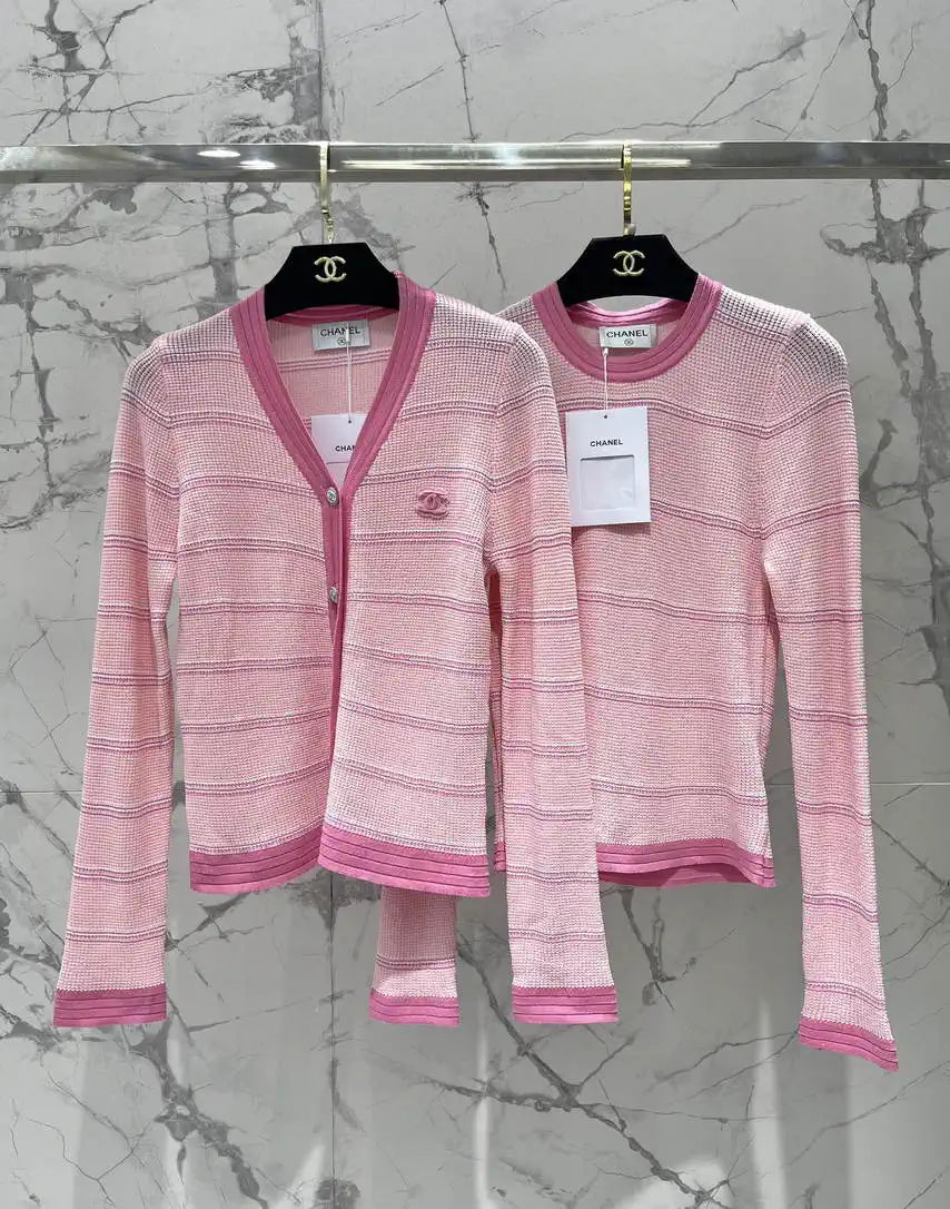 Chanel Women Waffle hollow color block striped knitted cardigan Sweater CC69202