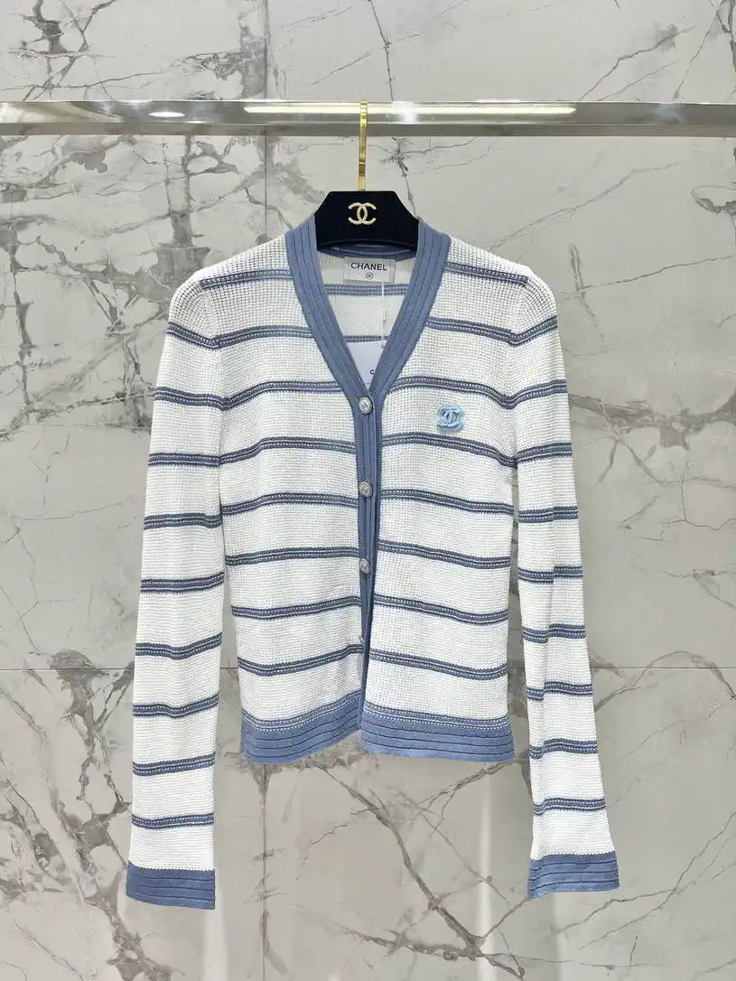 Chanel Women Waffle hollow color block striped knitted cardigan Sweater CC69202