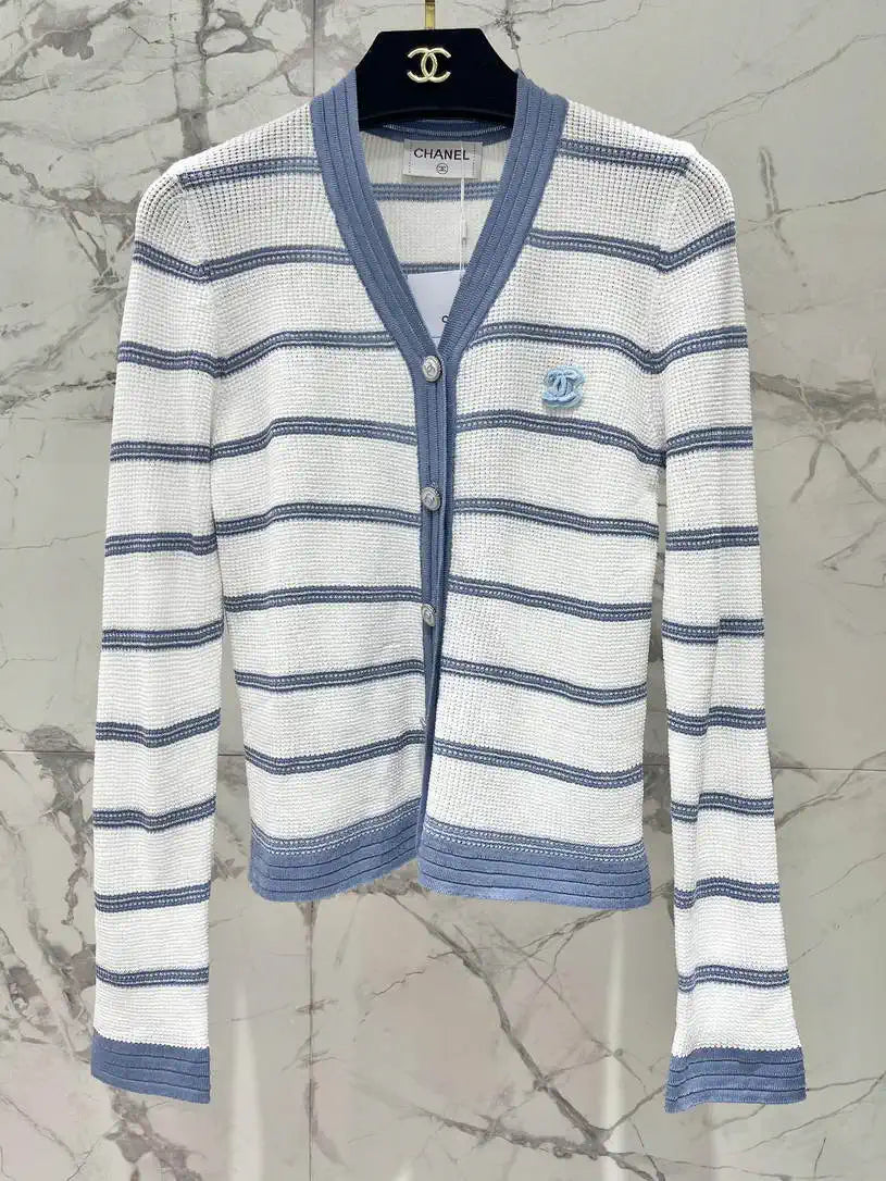 Chanel Women Waffle hollow color block striped knitted cardigan Sweater CC69202