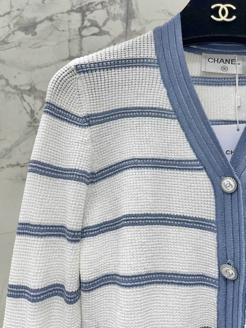 Chanel Women Waffle hollow color block striped knitted cardigan Sweater CC69202